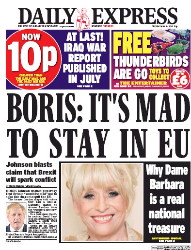Daily Express (UK) Newspaper Front Page for 10 May 2016