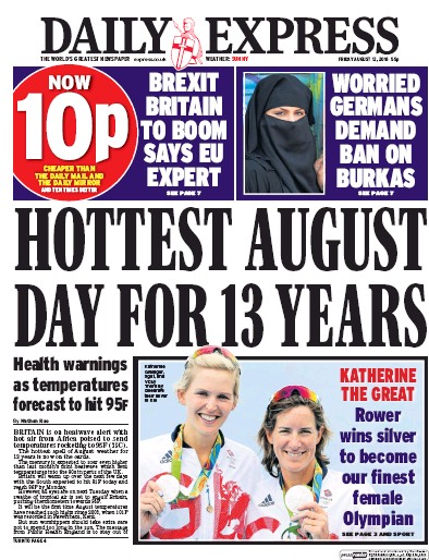 Daily Express (UK) Newspaper Front Page for 12 August 2016