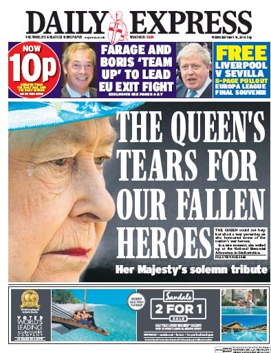 Daily Express Newspaper Front Page for 18 May 2016