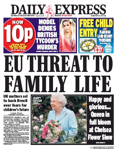 Daily Express Newspaper Front Page for 24 May 2016