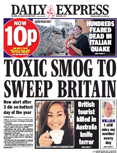 Daily Express (UK) Newspaper Front Page for 25 August 2016