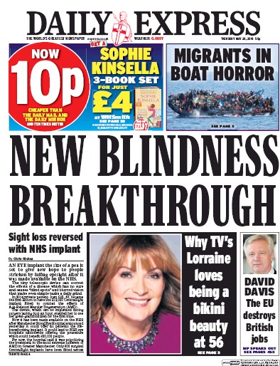 Daily Express (UK) Newspaper Front Page for 26 May 2016