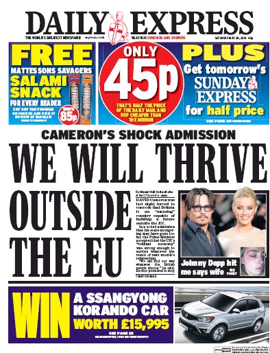 Daily Express (UK) Newspaper Front Page for 28 May 2016