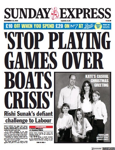 Daily Express Sunday Newspaper Front Page for 10 December 2023