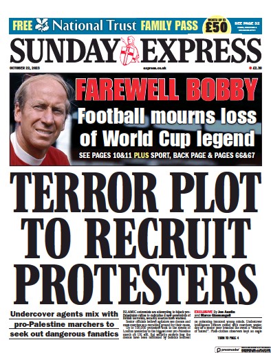 Daily Express Sunday Newspaper Front Page for 22 October 2023
