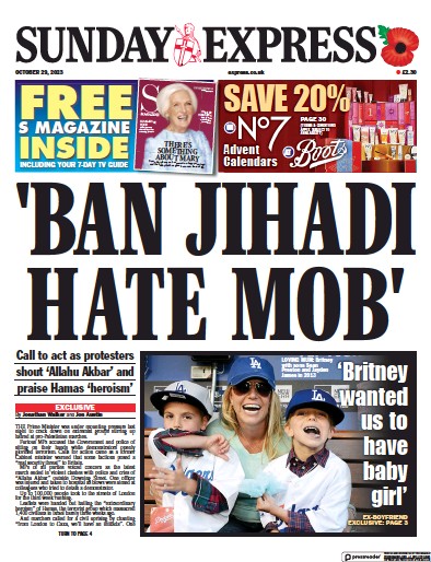 Daily Express Sunday Newspaper Front Page for 29 October 2023