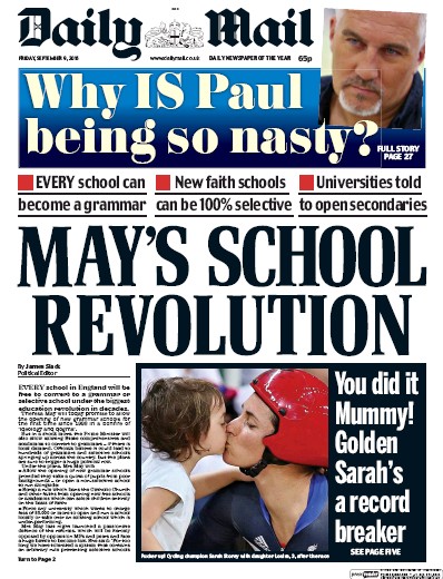 Daily Mail (UK) Newspaper Front Page for 10 September 2016