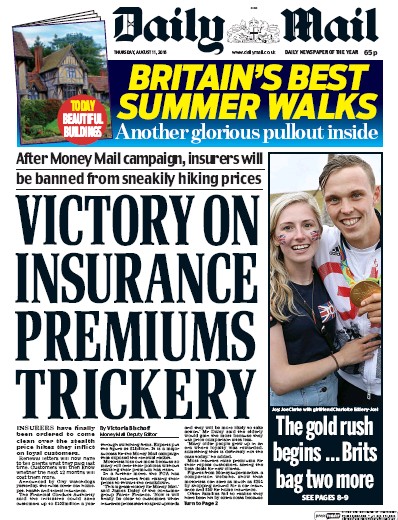 Daily Mail (UK) Newspaper Front Page for 11 August 2016