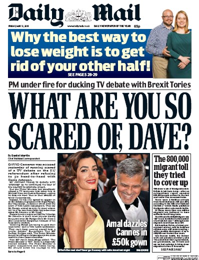 Daily Mail (UK) Newspaper Front Page for 13 May 2016