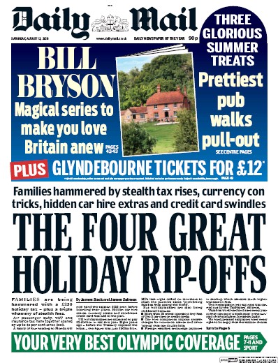 Daily Mail (UK) Newspaper Front Page for 13 August 2016