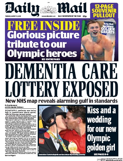 Daily Mail (UK) Newspaper Front Page for 16 August 2016
