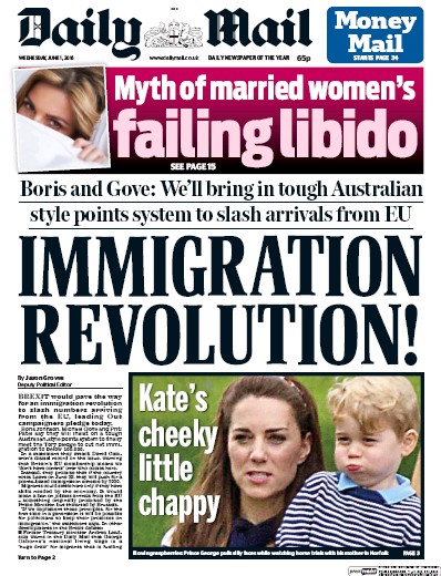 Daily Mail (UK) Newspaper Front Page for 1 June 2016