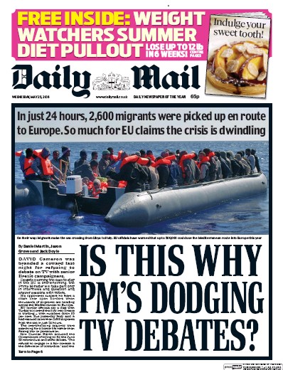 Daily Mail (UK) Newspaper Front Page for 25 May 2016