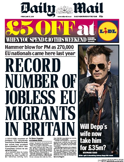 Daily Mail (UK) Newspaper Front Page for 27 May 2016