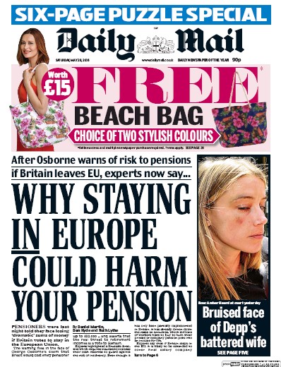 Daily Mail (UK) Newspaper Front Page for 28 May 2016