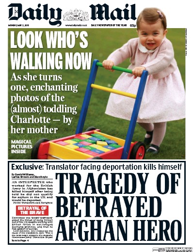 Daily Mail (UK) Newspaper Front Page for 2 May 2016