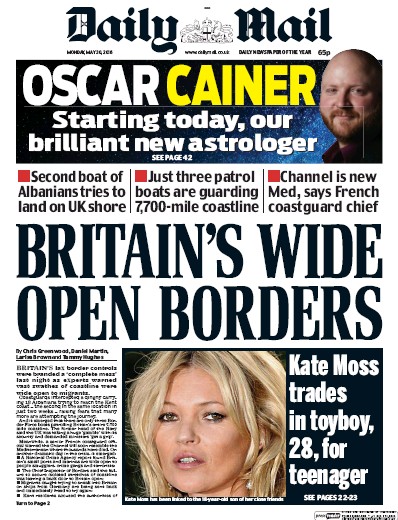 Daily Mail (UK) Newspaper Front Page for 30 May 2016