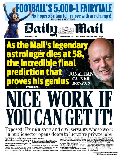 Daily Mail (UK) Newspaper Front Page for 3 May 2016