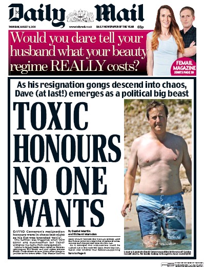 Daily Mail (UK) Newspaper Front Page for 4 August 2016