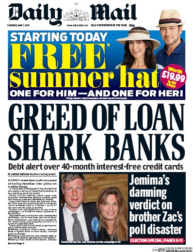 Daily Mail (UK) Newspaper Front Page for 7 May 2016