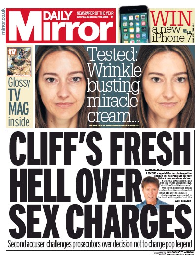 Daily Mirror (UK) Newspaper Front Page for 10 September 2016