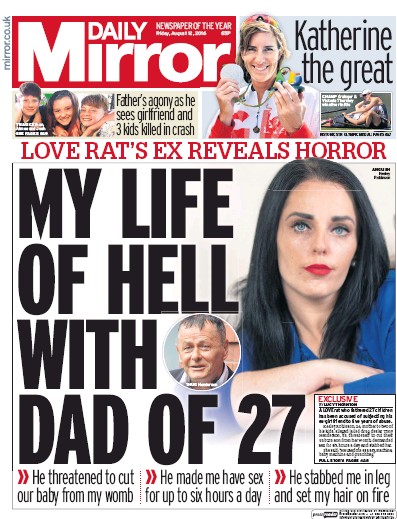 Daily Mirror (UK) Newspaper Front Page for 12 August 2016