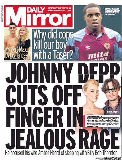 Daily Mirror (UK) Newspaper Front Page for 16 August 2016