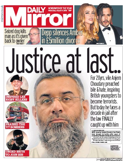 Daily Mirror (UK) Newspaper Front Page for 17 August 2016
