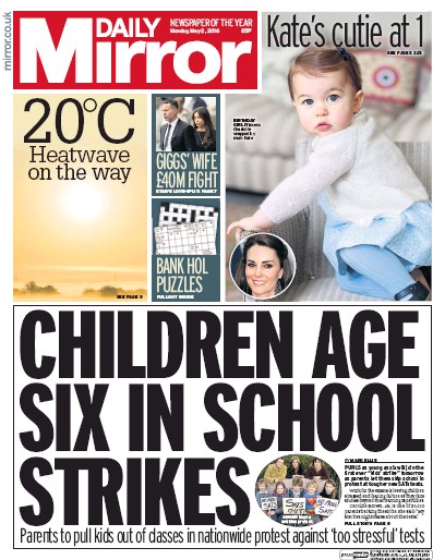 Daily Mirror (UK) Newspaper Front Page for 2 May 2016