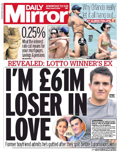 Daily Mirror (UK) Newspaper Front Page for 5 August 2016