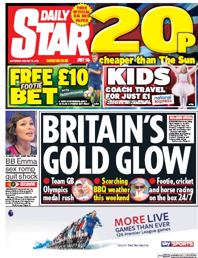Daily Star (UK) Newspaper Front Page for 13 August 2016