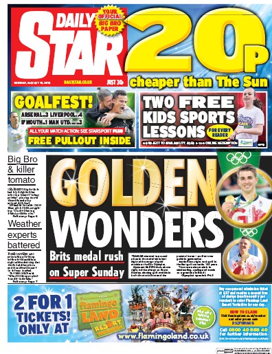 Daily Star (UK) Newspaper Front Page for 15 August 2016