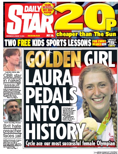 Daily Star (UK) Newspaper Front Page for 17 August 2016