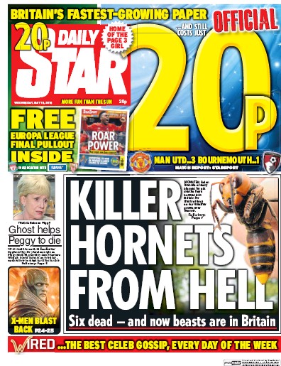 Daily Star (UK) Newspaper Front Page for 18 May 2016