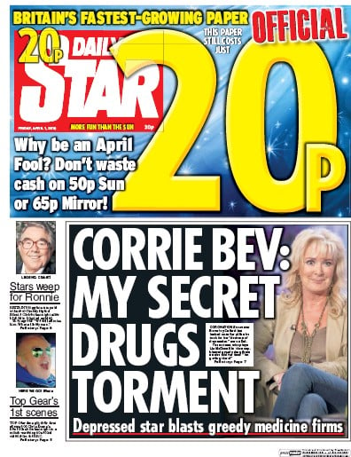 Daily Star (UK) Newspaper Front Page for 1 April 2016