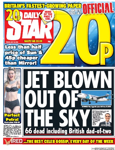 Daily Star (UK) Newspaper Front Page for 20 May 2016