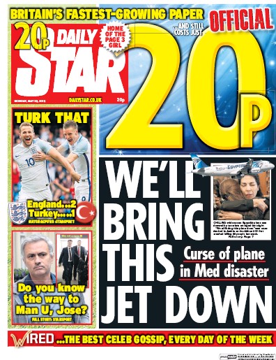Daily Star (UK) Newspaper Front Page for 23 May 2016