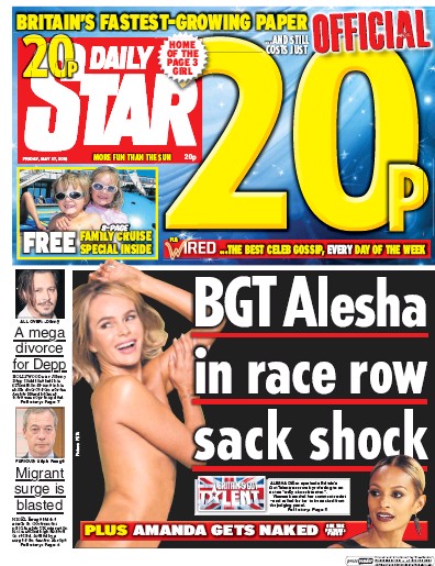 Daily Star (UK) Newspaper Front Page for 27 May 2016