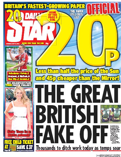 Daily Star (UK) Newspaper Front Page for 9 May 2016