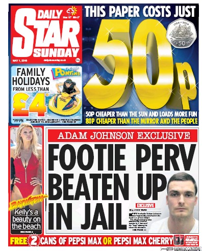 Daily Star Sunday (UK) Newspaper Front Page for 1 May 2016