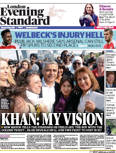 London Evening Standard (UK) Newspaper Front Page for 10 May 2016