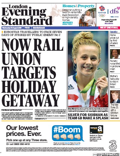 London Evening Standard (UK) Newspaper Front Page for 11 August 2016