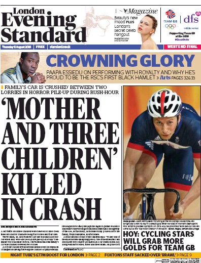London Evening Standard (UK) Newspaper Front Page for 12 August 2016