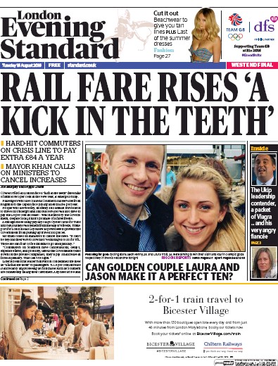 London Evening Standard (UK) Newspaper Front Page for 17 August 2016