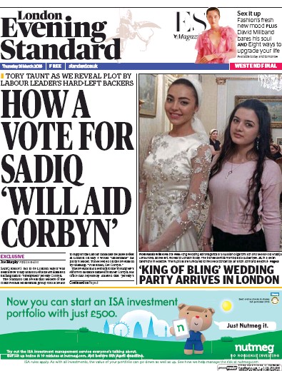London Evening Standard (UK) Newspaper Front Page for 1 April 2016