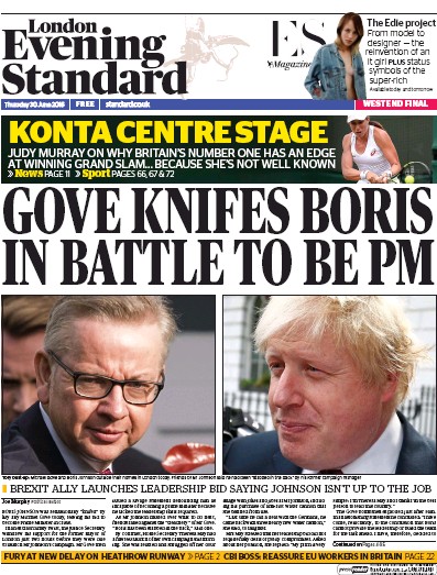 London Evening Standard (UK) Newspaper Front Page for 1 July 2016