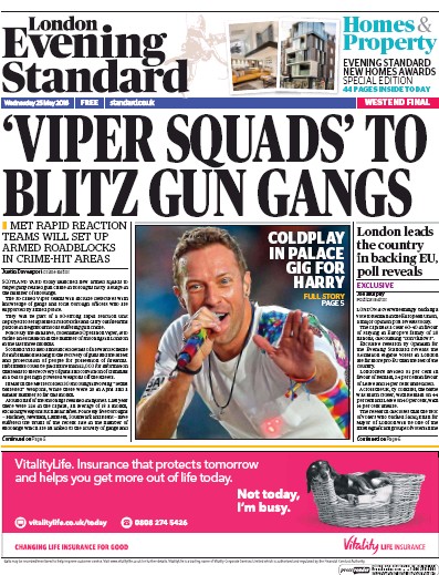 London Evening Standard (UK) Newspaper Front Page for 26 May 2016