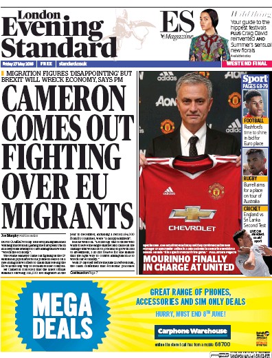 London Evening Standard (UK) Newspaper Front Page for 30 May 2016