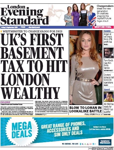 London Evening Standard (UK) Newspaper Front Page for 3 September 2016