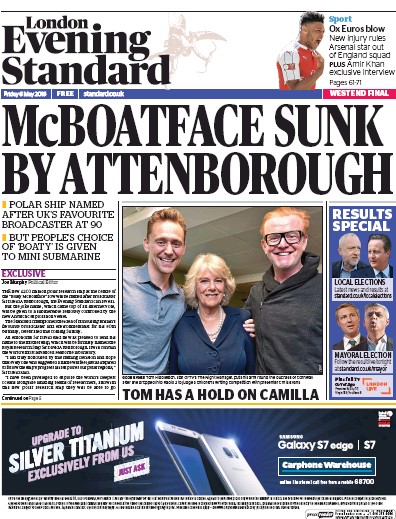 London Evening Standard (UK) Newspaper Front Page for 7 May 2016